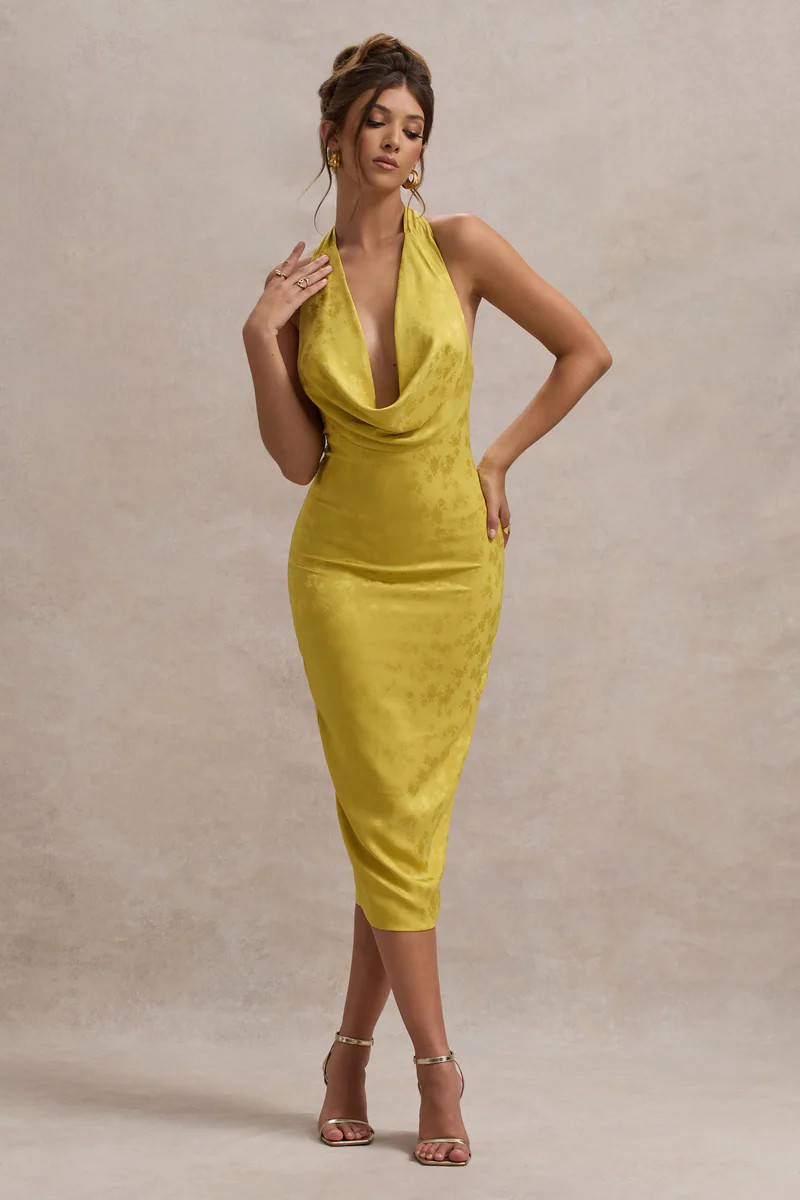 Maciza  Mustard Satin Jacquard Cowl-Neck Midi Dress | Club L London
