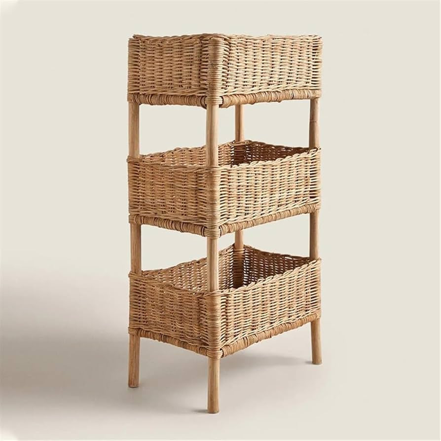 Rattan Shelving Unit 3 Tiers Standing Wooden Caddy, Hand Woven Floor Rattan Portable Laundry Bin ... | Amazon (US)