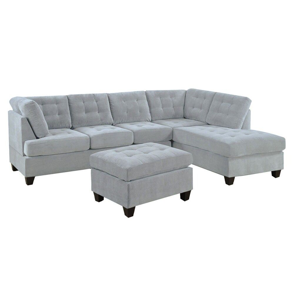3 PC Modern Large Tufted Grey Microfiber Sectional Sofa with Ottoman (Grey) | Bed Bath & Beyond