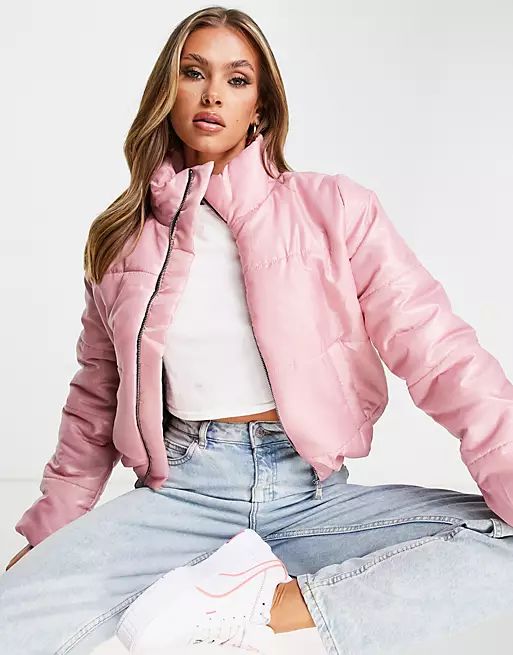 I Saw it First high shine padded puffer jacket in pink | ASOS (Global)