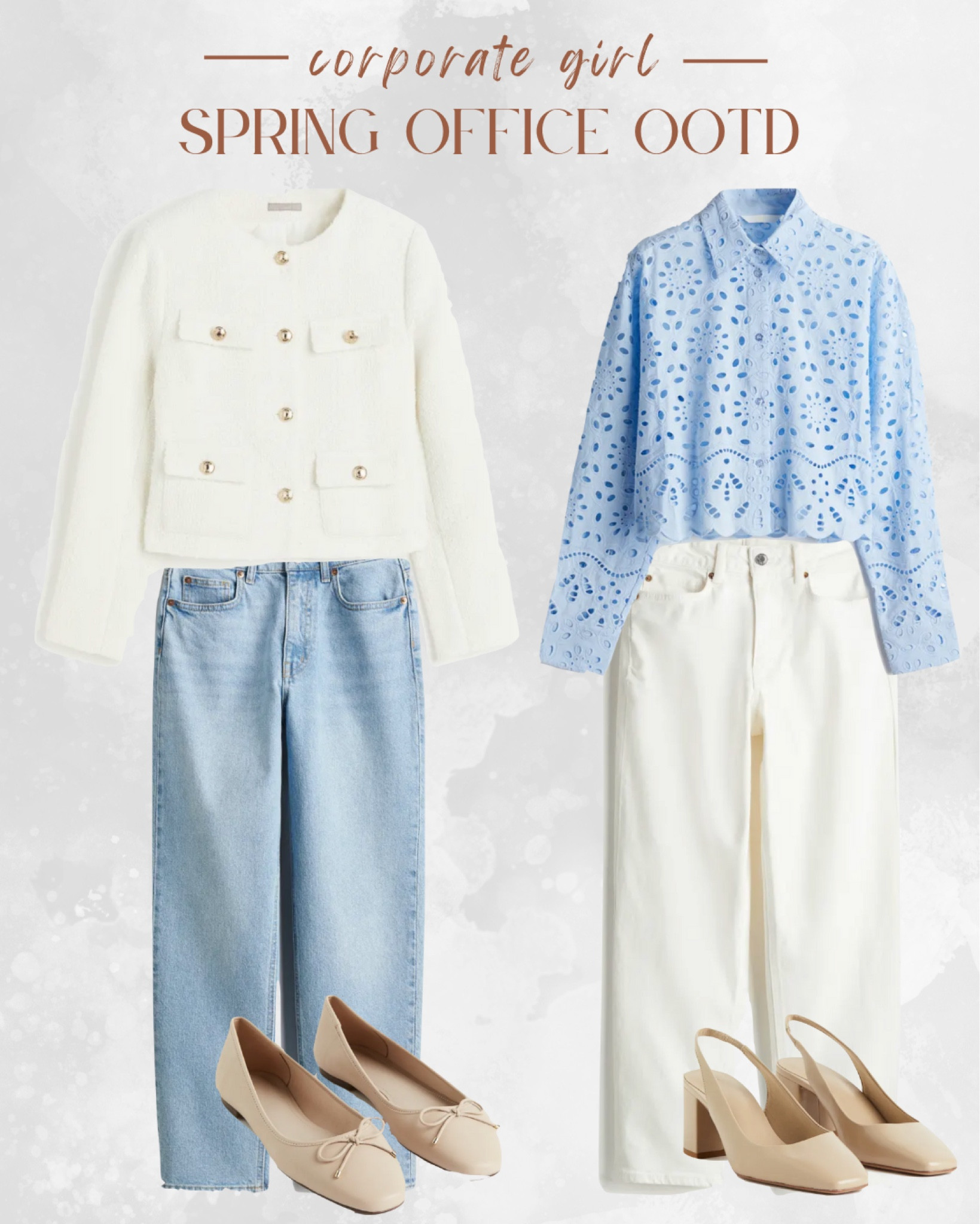 Shine in the corporate world with H&M's latest spring arrivals! Textured cream jacket featuring gold buttons, paired perfectly with high-waisted ankle jeans for a sleek silhouette. Elevate your ensemble with nude ballet flats or nude block-heeled slingbacks for effortless style. For a touch of femininity, opt for a light blue eyelet embroidered skirt or high-waisted white jeans. Step into success with H&M's chic corporate office essentials! #HMNewArrivals #CorporateFashion #SpringStyle

#LTKworkwear #LTKSeasonal #LTKSpringSale