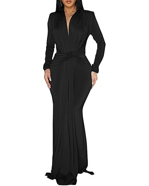 Memoriesea Women's Elegant Long Sleeve Deep V Neck Bodycon Party Evening Gown Maxi Dress | Amazon (US)