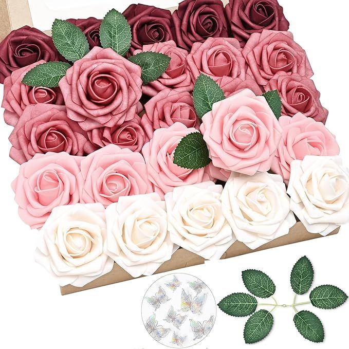 Fascidorm 25Pcs Fake Roses Burgundy Ombre Artificial Flowers with Stems & Leaves & Butterflies, R... | Amazon (US)