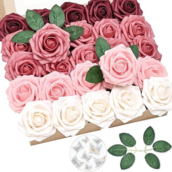 Fascidorm 25Pcs Fake Roses Burgundy Ombre Artificial Flowers with Stems & Leaves & Butterflies, R... | Amazon (US)