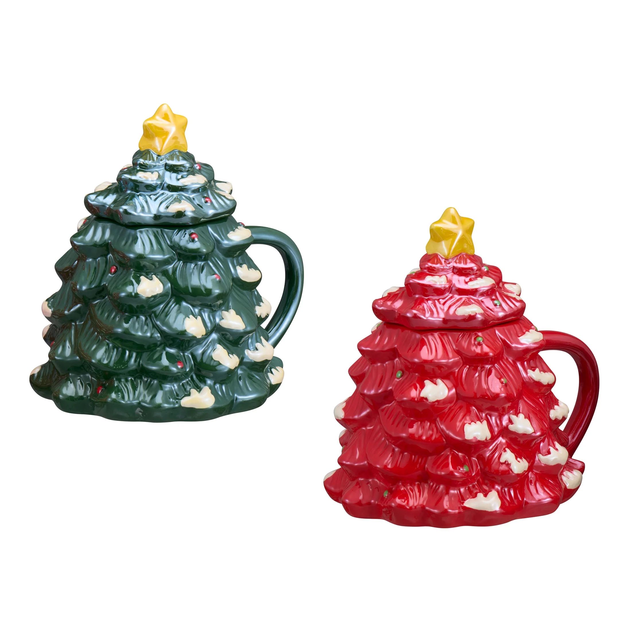 Holiday Time 14-oz Holiday Tree Glazed Stoneware Ceramic Mug with Lid, 2 Pack, Multicolor | Walmart (US)