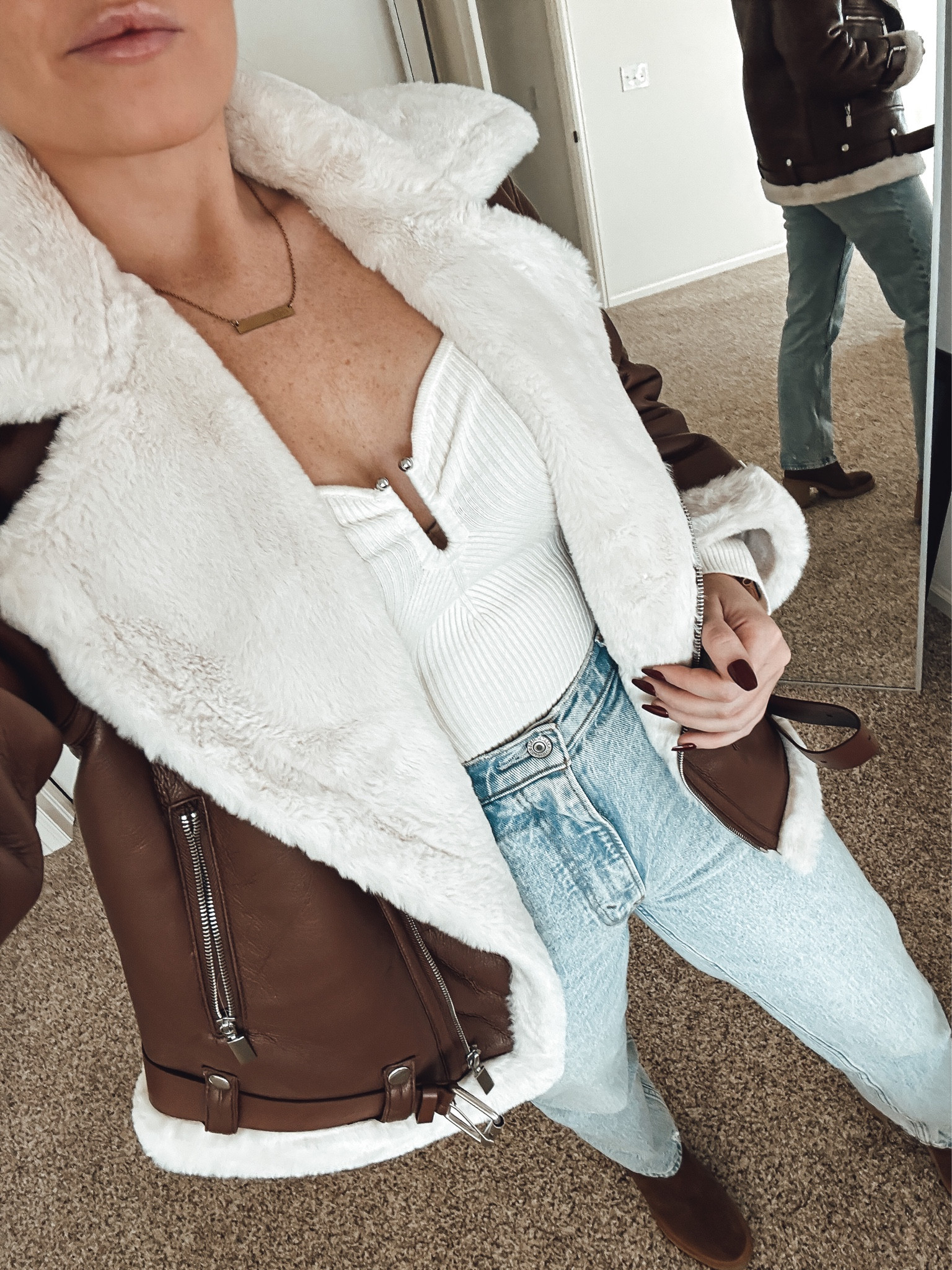 White bodysuit with light wash 90s straight denim and aviator jacket 

#LTKFind #LTKxAF #LTKunder100