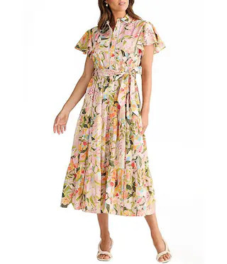 Alice Collared Short Sleeve Tie Waist Button Front Midi Dress | Dillard's