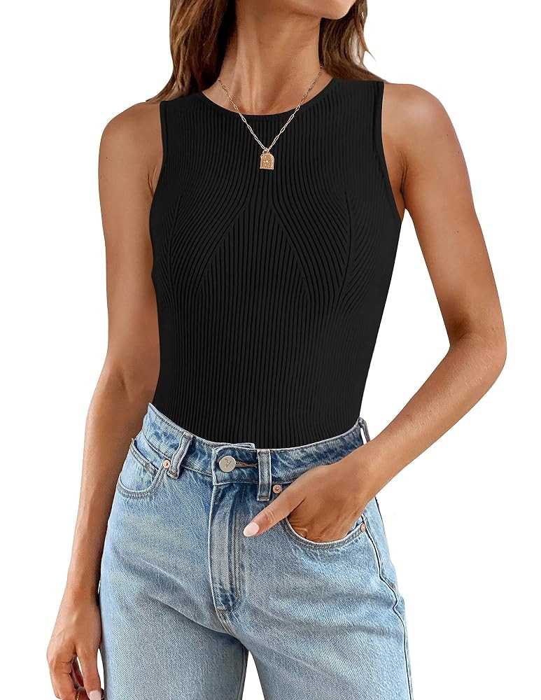 ZESICA Womens 2025 Ribbed Tank Tops Summer Sleeveless High Neck Casual Slim Fitted Basic Knit Shi... | Amazon (US)