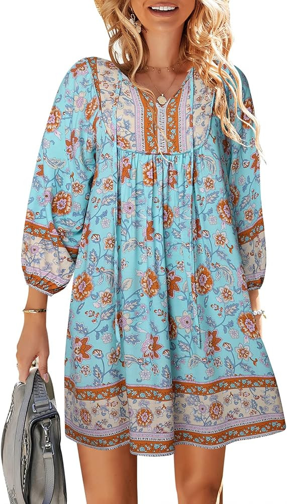 TEMOFON Women's Boho Mini Dress: Summer Floral 3/4 Long Sleeve V Neck Flowy Loose Casual Beach Dr... | Amazon (US)
