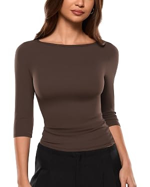 INLYRIC Women's Airsoft 3/4 Length Sleeve Tops Single Layer Crew Neck T Shirts Basic Tees Slim Fi... | Amazon (US)