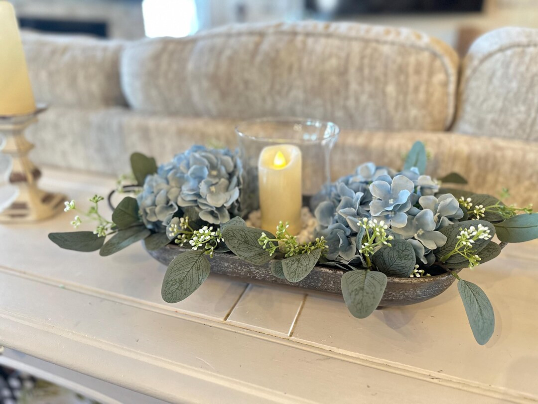 Blue Hydrangea Candle Centerpiece in Rustic Metal Tray With Greenery, Coffee Table Centerpiece Wi... | Etsy (US)