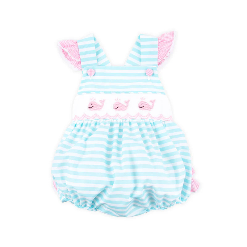 Pacific Whale Mint Stripe Smocked Leah Bubble | Classic Whimsy