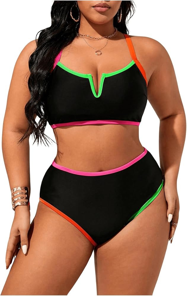 Floerns Women's Plus Size Bikini Set V Wired Contrast Binding High Waist Beachwear | Amazon (US)