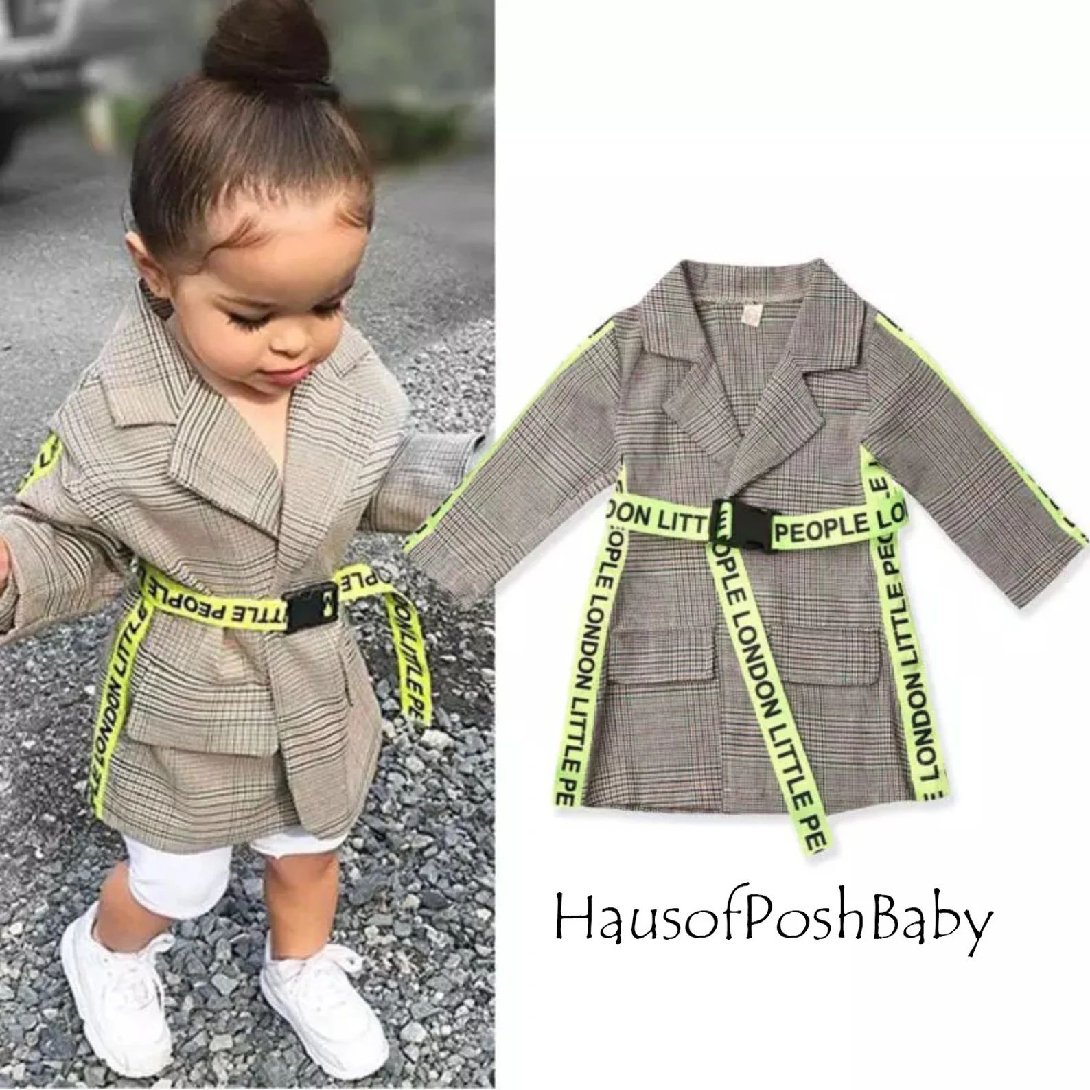 Posh Baby Urban Style Long Boyfriend Belt Blazer with Belted Lime green Brown Street Chic toddler... | Etsy (US)