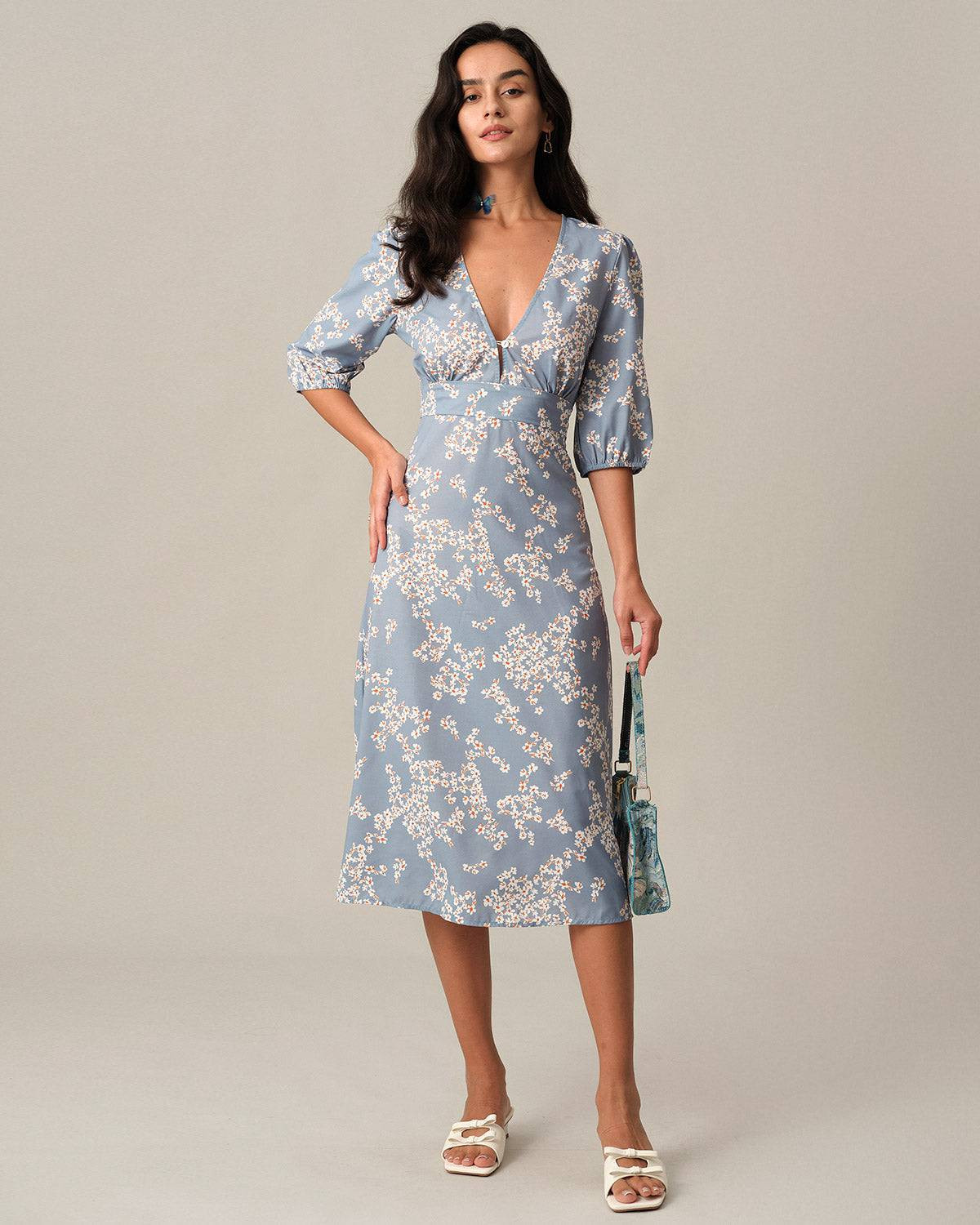 The V Neck Button Floral Midi Dress & Reviews - Blue - Dresses | RIHOAS | rihoas.com