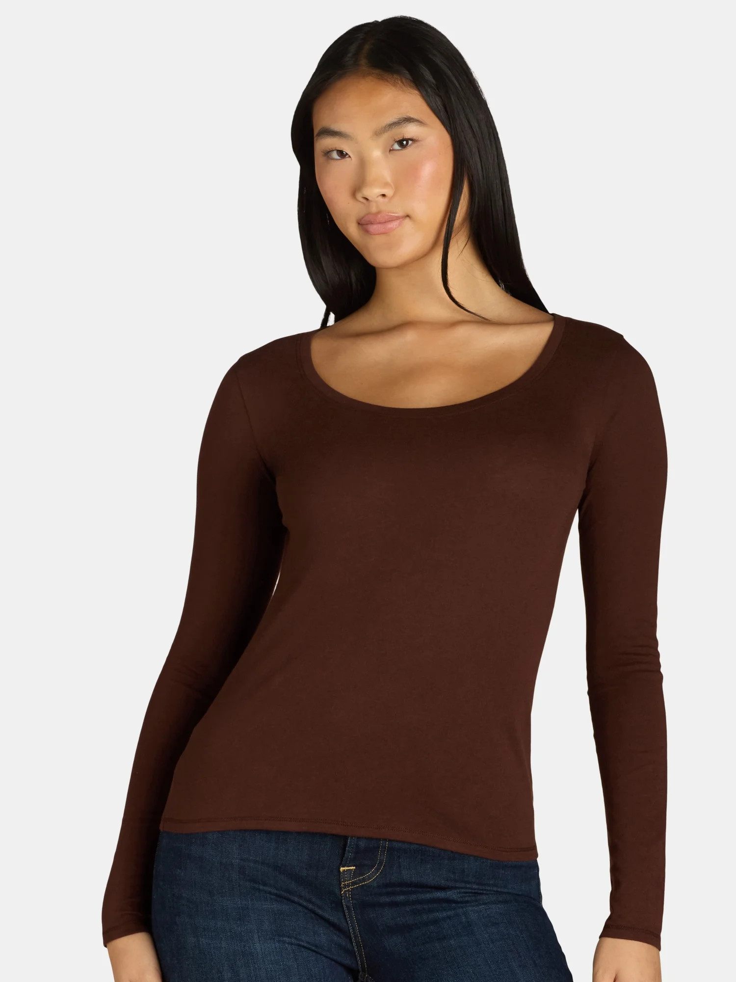 No Boundaries Scoop Neck Everyday Tee with Long Sleeves, Women's | Walmart (US)