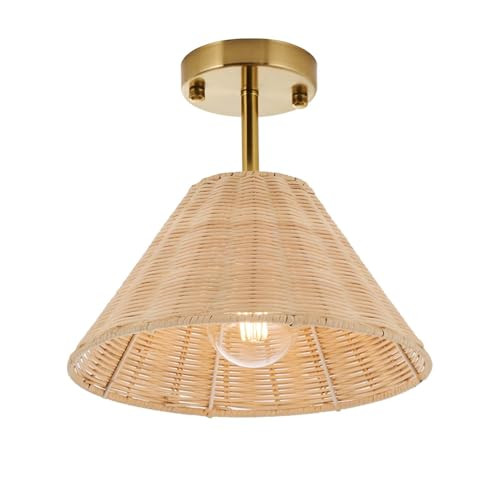 Boho Gold Semi Flush Mount Ceiling Light, Farmhouse Rattan Ceiling Light Fixture with Hand-Woven Natural Cage Shade, Modern Mini Chandelier Rustic Retro Lights for Bedroom Hallway Entryway Dining Room | Amazon (US)