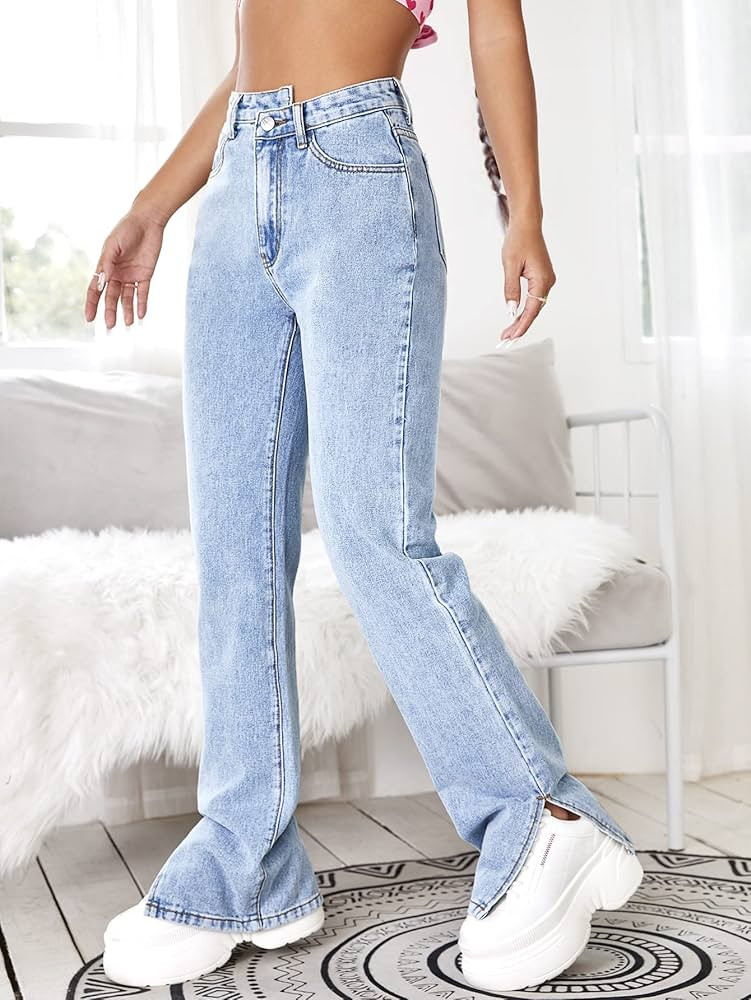 MEGCI Jeans for Women- Split Side Zipper Fly Boyfriend Jeans (Color : Light Wash, Size : Small) | Amazon (US)
