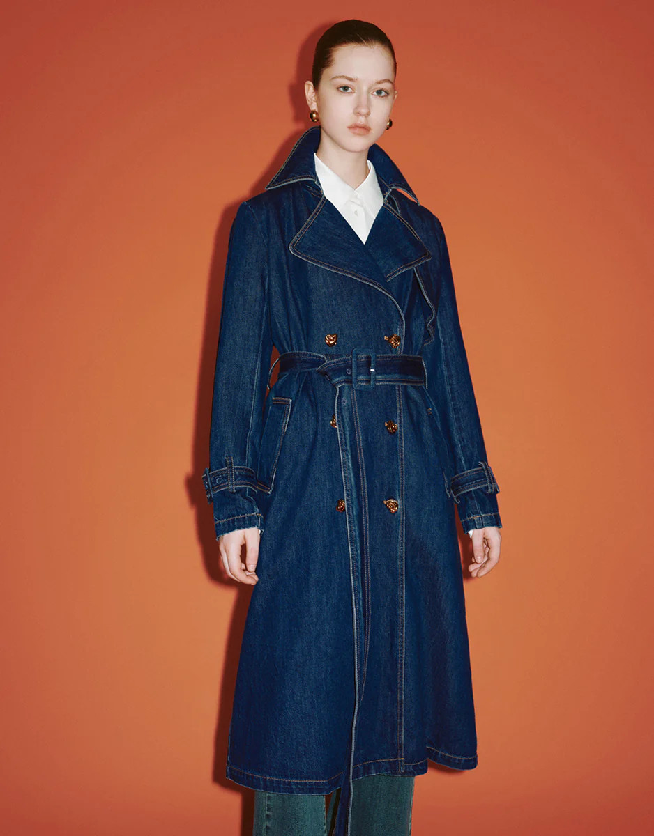 Notch Lapel Denim Trench Coat With Belt | Urban Revivo