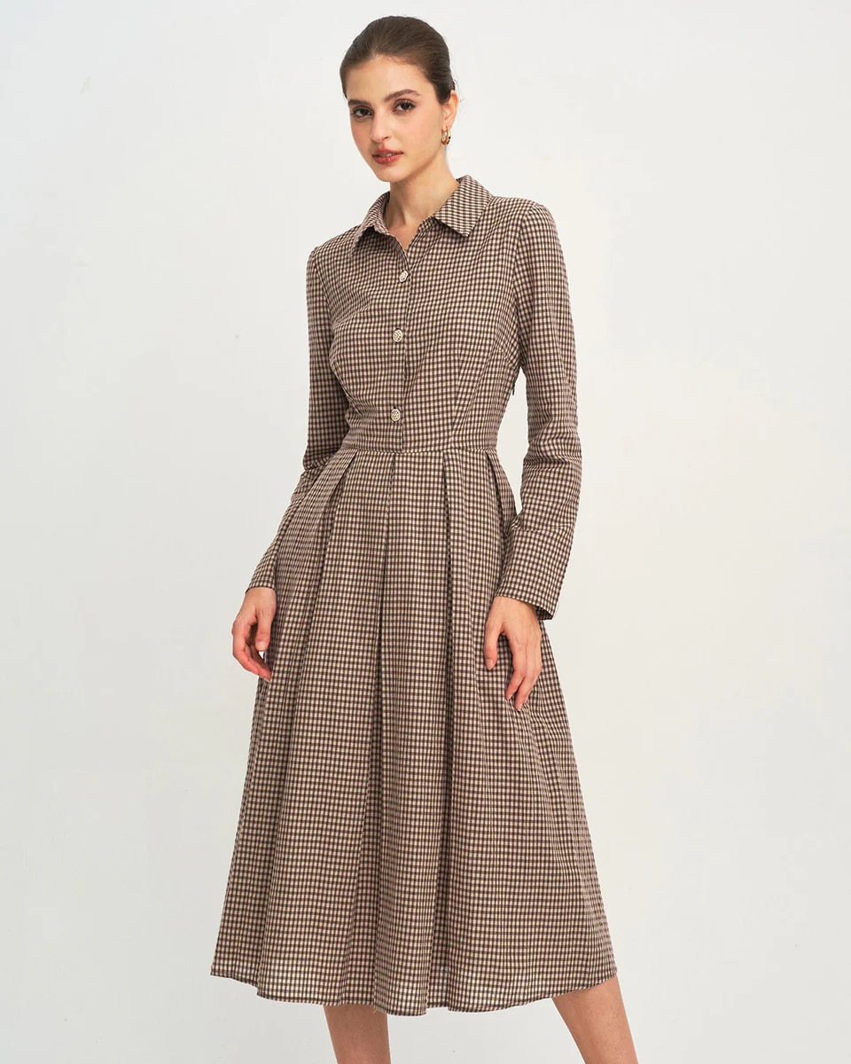 Brown Plaid A-Line Midi Dress | rihoas.com