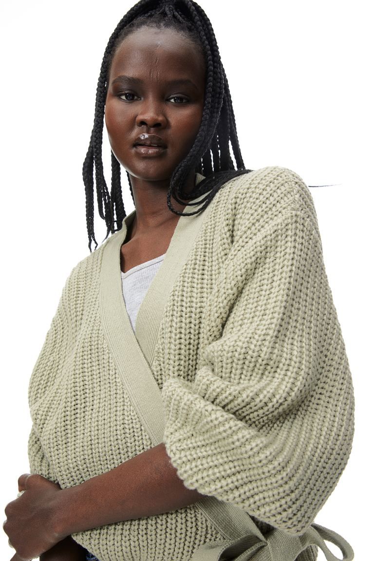 Rib-knit Wrap Cardigan - Light khaki green - Ladies | H&M US | H&M (US + CA)