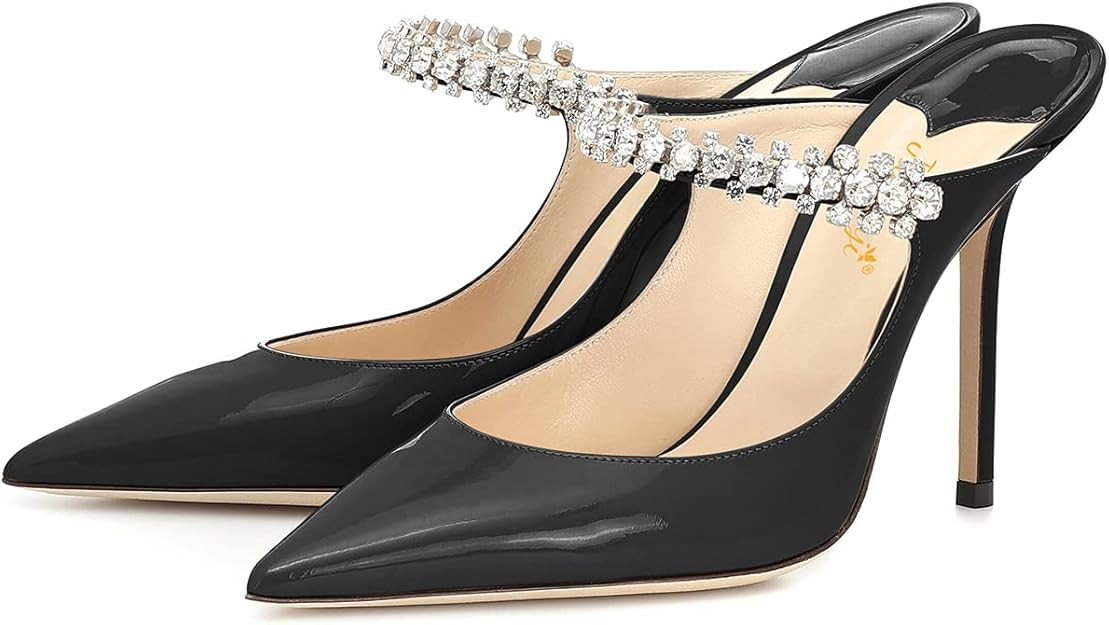 JiaBinji Women High Heels Sandals Mules Rhinestone Strap 2 inches Stiletto Pointed Toe Slip On Sa... | Amazon (US)