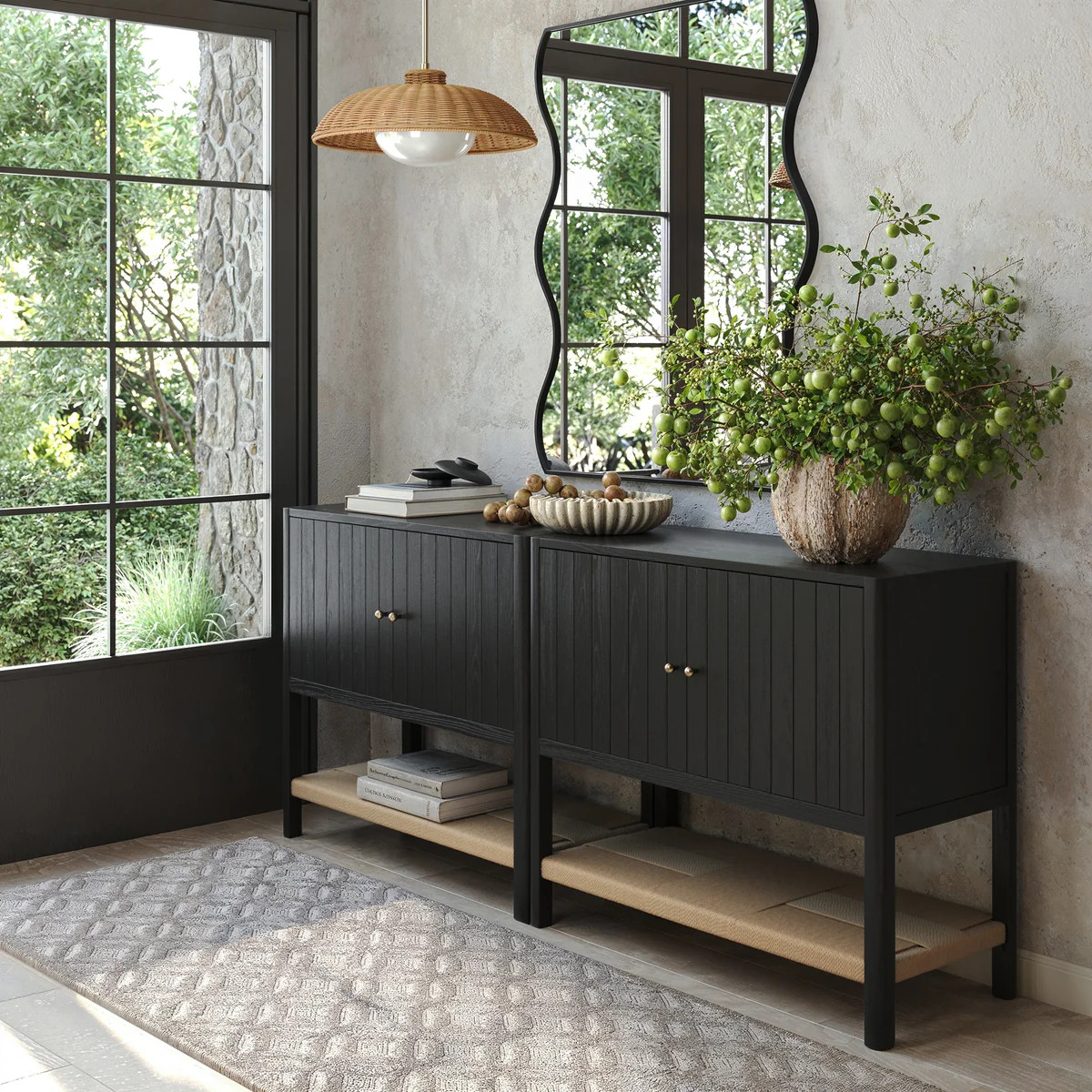 Grooved Door Storage Cabinet Credenza Black Oak (Set of 2) | Nathan James