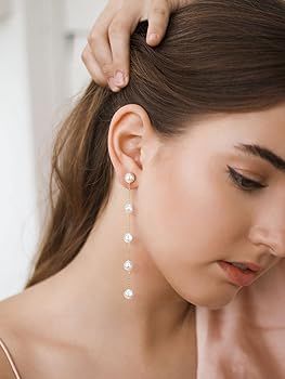 SWEETV 14K Gold Plated Long Pearl Drop Dangle Earrings for Women, Tassel Chain Baroque Pearl Wedd... | Amazon (US)