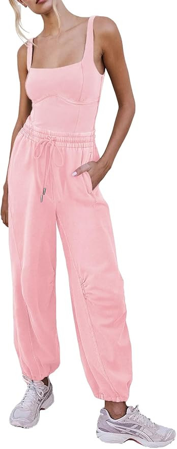 Women's Sleeveless Summer Jumpsuit Square Neck Drawstring Waist Long Romper Jumpers 2026 with Poc... | Amazon (US)