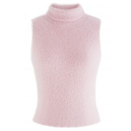 High Neck Fuzzy Knit Tank Top in Pink | Chicwish