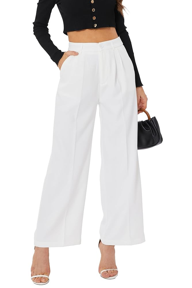 Women Wide Leg High Waist Wide Leg Pants Loose Fit Back Elastic Waist Pleated Front Trousers for ... | Amazon (US)