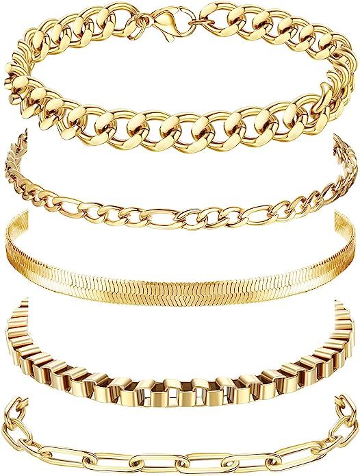 YADOCA 5 Pcs 14K Gold Plated Link Chain Bracelets Set for Men Women Paperclip Cuban Box Figaro He... | Amazon (US)