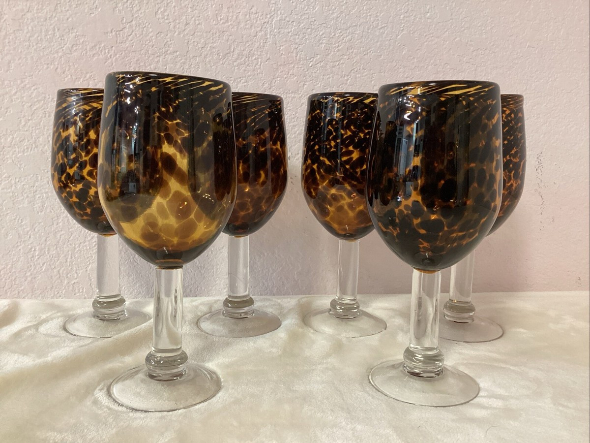 Tortoise Shell Leopard Amber Hand Blown Wine Glass Heavy 8.5” Goblets Set of 6  | eBay | eBay US