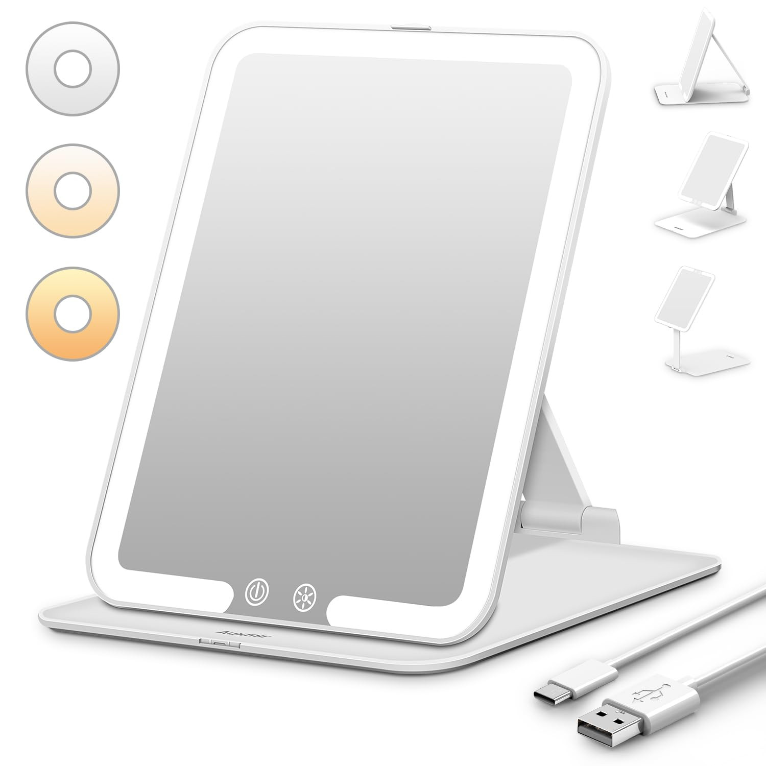 Auxmir Rechargeable Travel Makeup Mirror, Portable Travel Lighted Makeup Mirror with 3 Color Modes Dimmable, Compact Silm Tabletop LED Vanity Mirror with Touch Screen for Travel Daily Business, White | Amazon (CA)