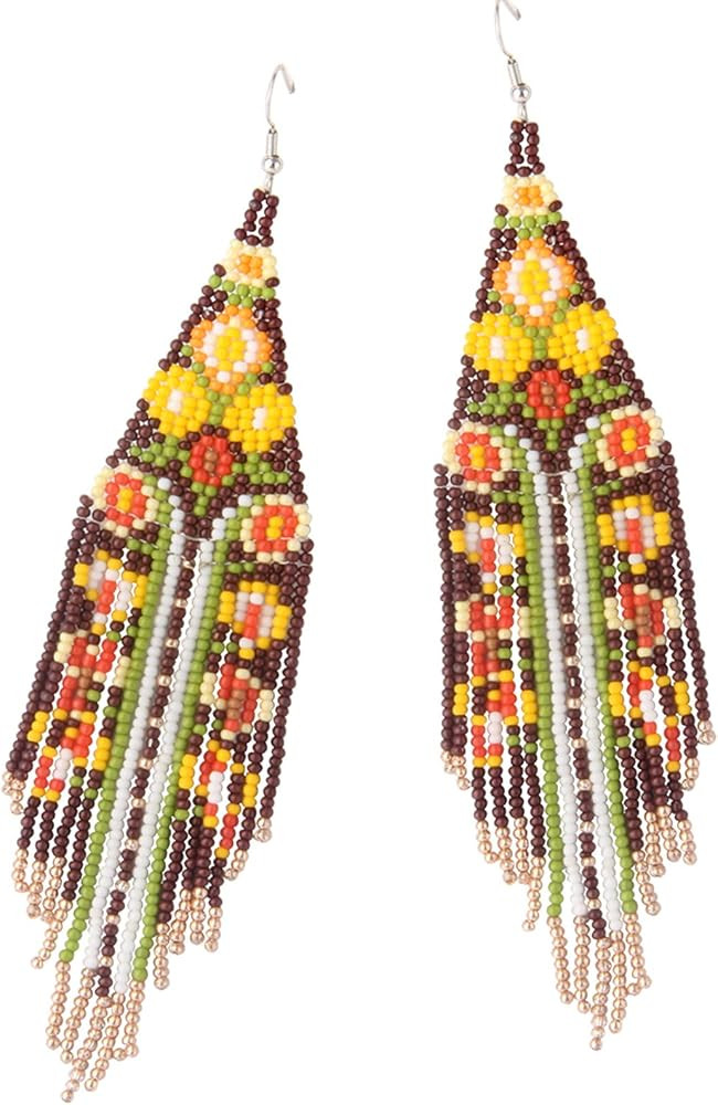 Long Beaded Tassel Earrings – Bohemian Flower Fringe Drop Earrings, Seed Bead Tribal Dangle Ear... | Amazon (US)