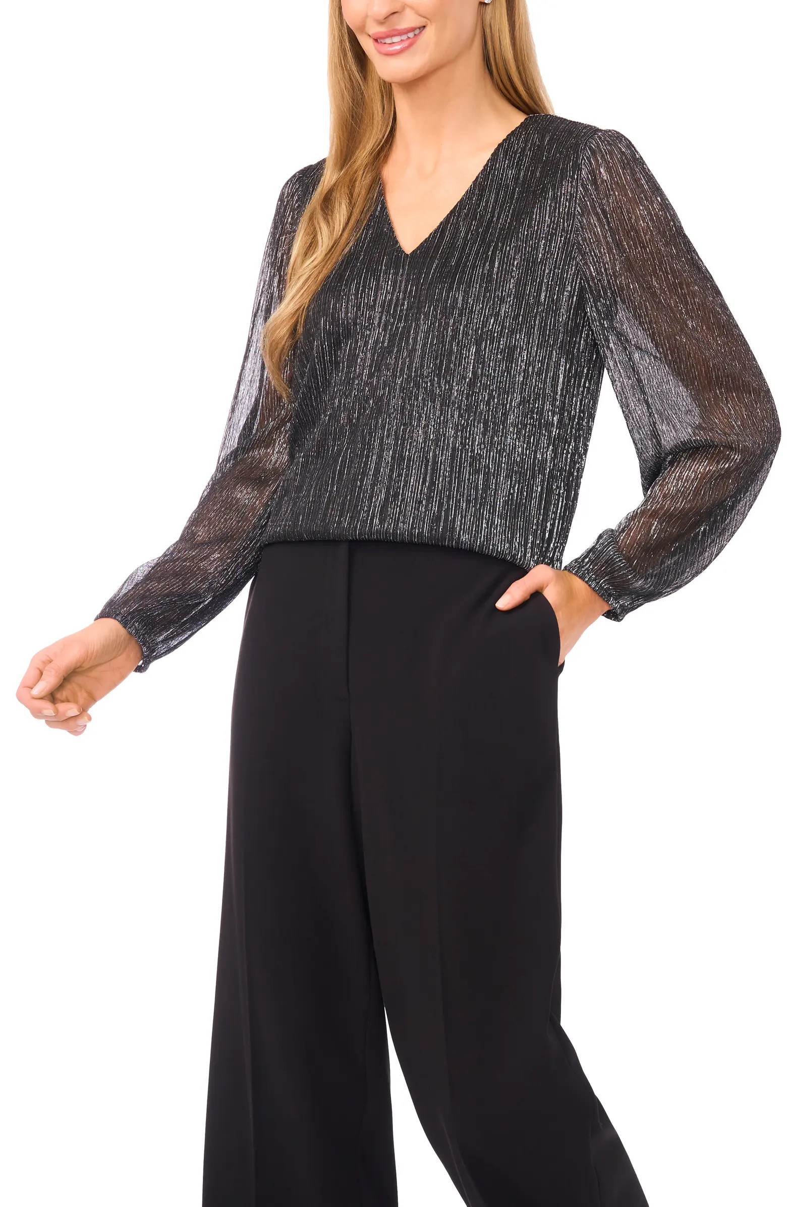 Metallic Plissé V-Neck Top | Nordstrom