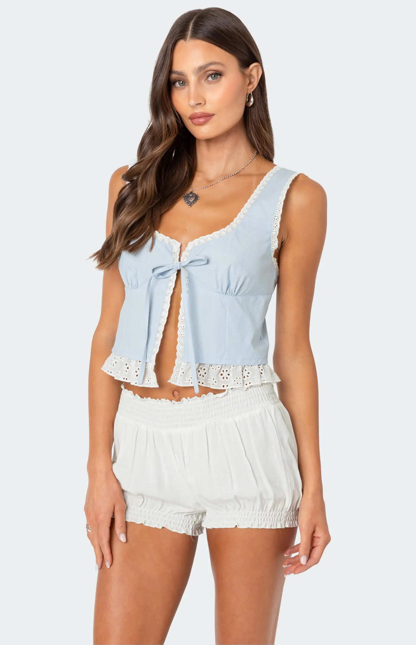 Edikted Women's Shiloh Tie Front Eyelet Trim Top in Light Blue - Size Small | PacSun