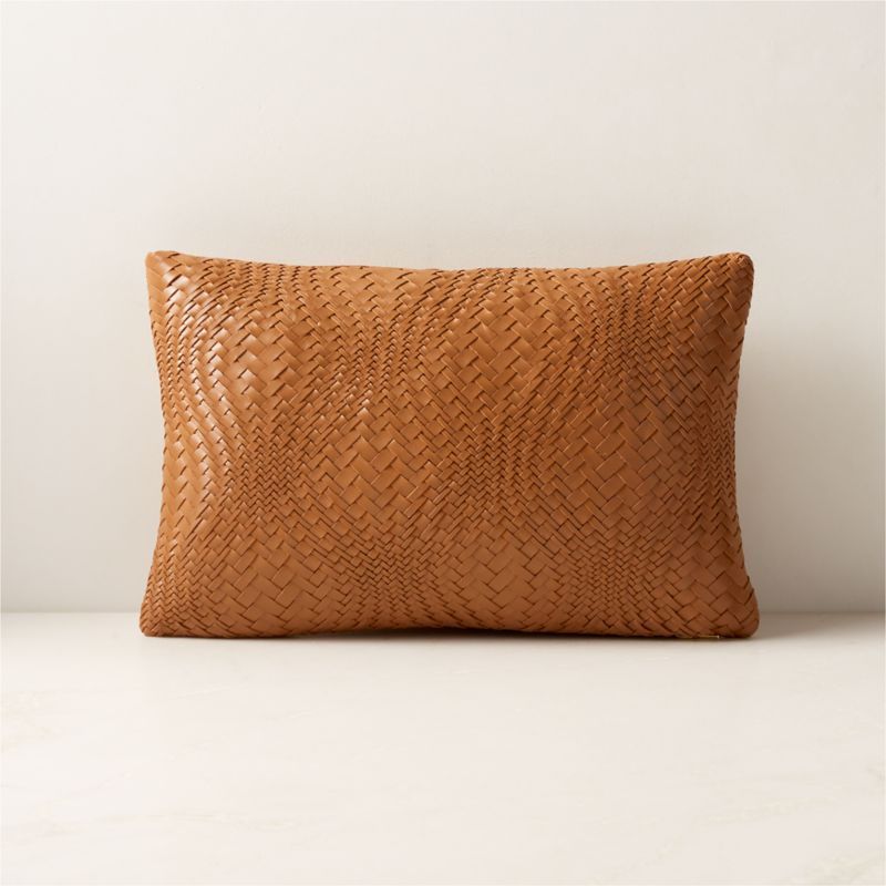 Flow Woven Brown Leather Throw Pillow with Down-Alternative Insert 18''x12'' | CB2 | CB2