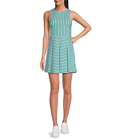 Addison Bay Racquet Striped Print Crew Neck Sleeveless Pleated Active Dress - XS | Dillard's