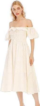R.Vivimos Women's Casual A-Line Print Square Neck Puff Sleeve Dress Hem High Waist Midi Fitted Dr... | Amazon (UK)