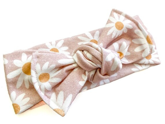 Dusty Pink Daisy Knit Stretch Bow or Top Knot Headband, Knotted Bow, Daisy Headband, baby headban... | Etsy (US)