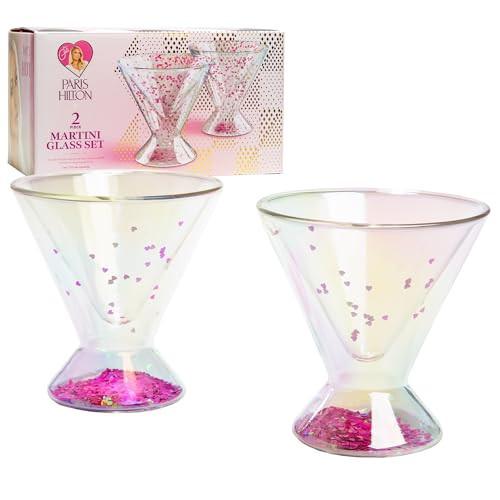 Paris Hilton 2-Piece Martini Glass Set, Double Wall Glass Design, Great for Martinis, Cocktails, Cosmopolitans, Margaritas, 207mL, 7-Ounce, Iridescent with Glitter Hearts | Amazon (US)