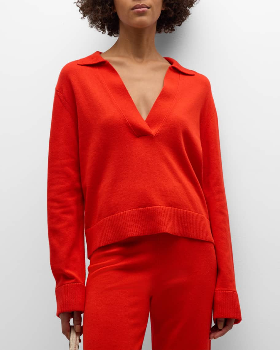 SIMKHAI Cashmere Cotton Long-Sleeve Polo Sweater | Neiman Marcus