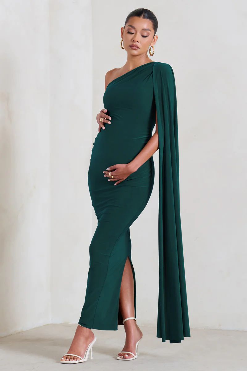 Amaryllis | Bottle Green Maternity One Shoulder Maxi Dress with Cape Sleeve | Club L London