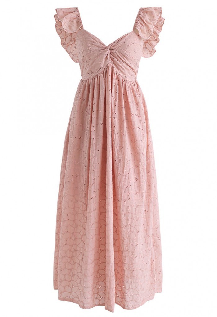 Sending Love Embroidered Eyelet Maxi Dress in Pink | Chicwish