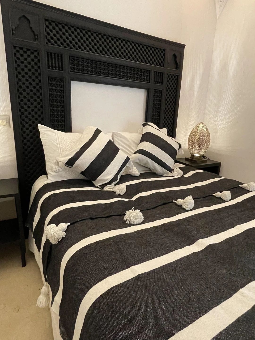 BLACK MOROCCAN BLANKET, Striped Pom Pom Throw, Cover Bed, Blanket Pompom | Etsy (US)
