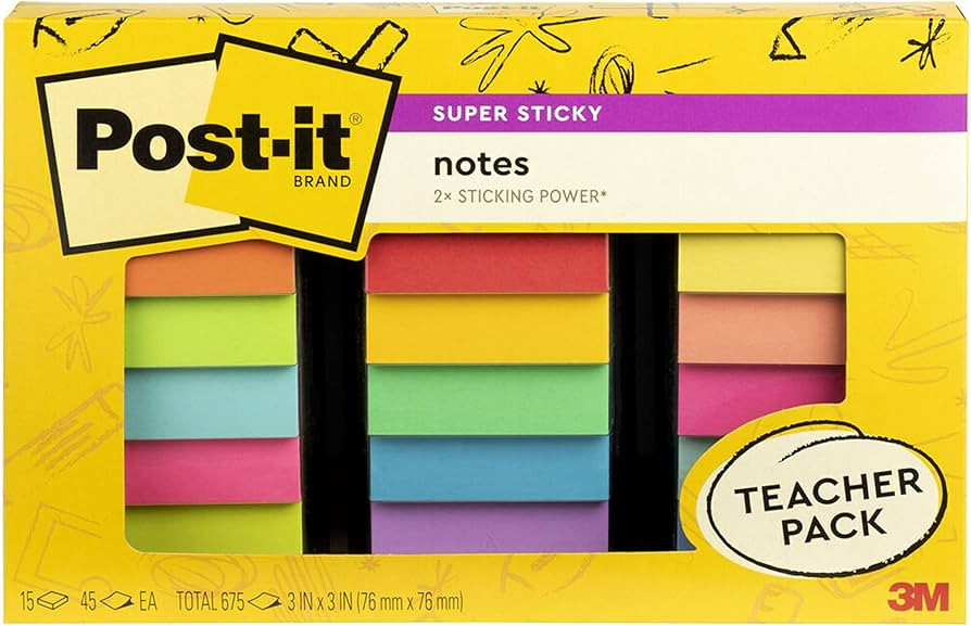 Post-it® Super Sticky Notes Teacher Pack, Assorted Colors, 3 in. x 3 in., 15 Pads/Pack, 45 Sheet... | Amazon (US)