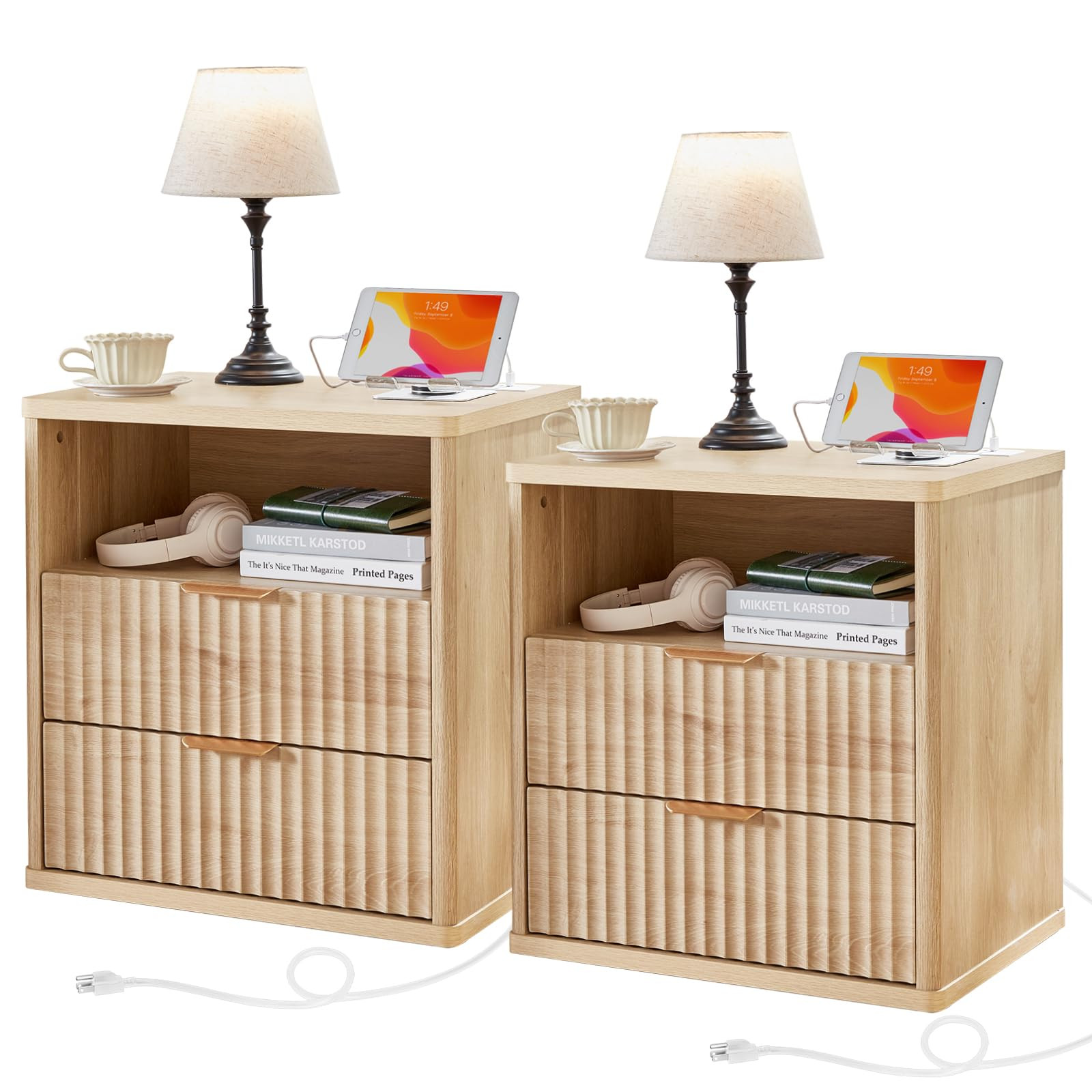 LEYAOYAO Fluted Farmhouse Nightstand Set of 2 with Charging Station, 23" Wide 2 Drawers End Table... | Amazon (US)