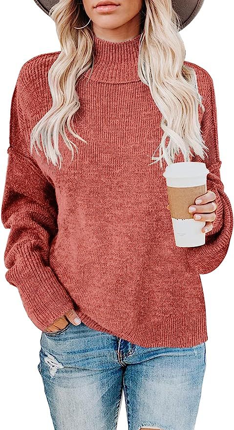 DOROSE Women's Turtleneck Long Sleeve Loose Oversized Knitted Pullover Sweater Tops | Amazon (US)