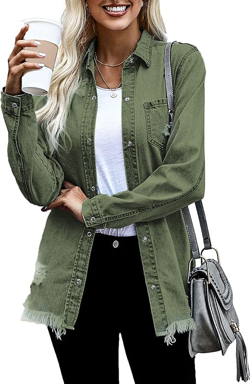 Dokotoo Women's Oversized Denim Jacket Casual Long Boyfriend Distresse Jean Jacket Autumn Spring | Amazon (US)